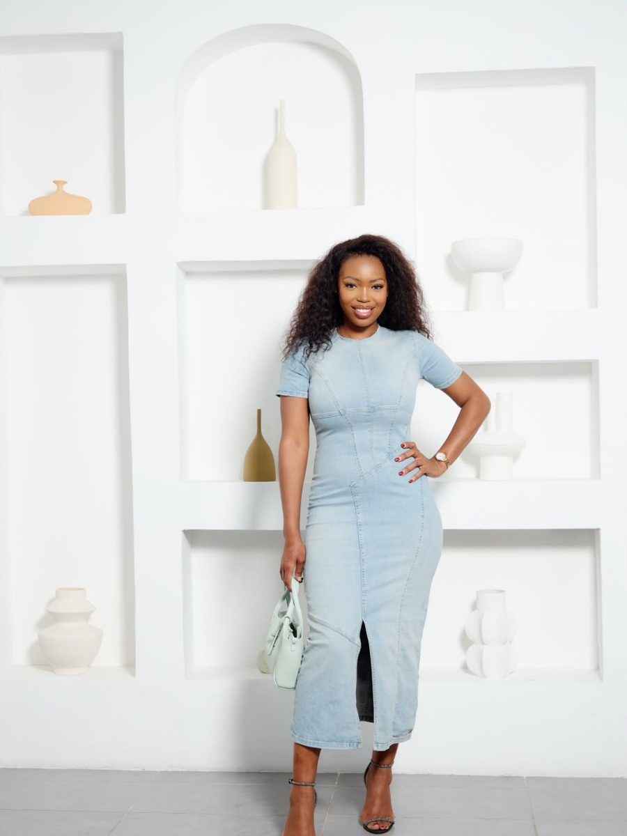 SKY BLUE CONTOUR DENIM MIDI DRESS